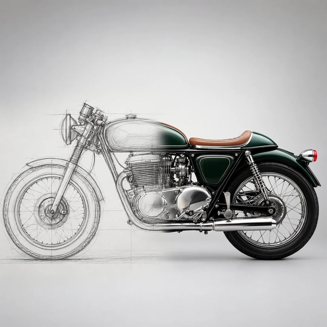 A vintage cafe racer motorcycle drawn as a pencil sketch at the front that turns into a photograph at the back