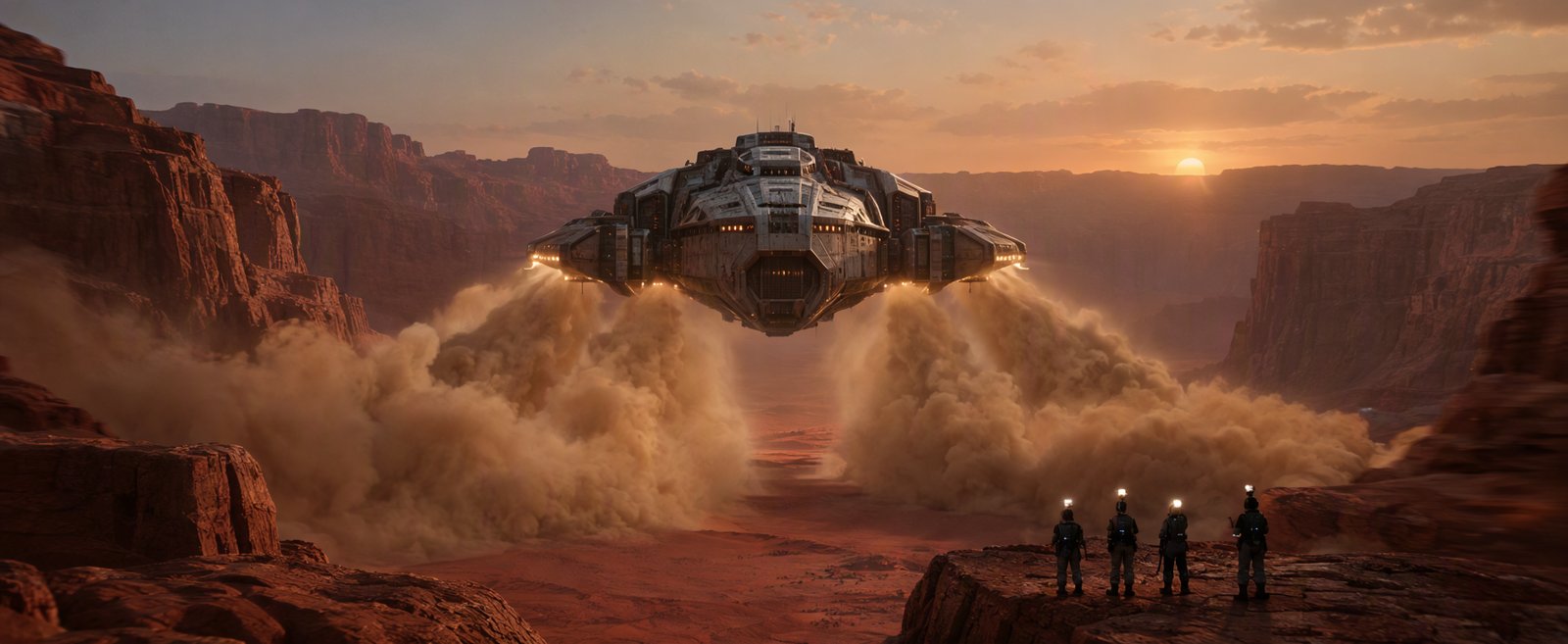 A weathered cargo spaceship descends into a red desert canyon at dusk, blowing clouds of dust, while a four-person ground crew watches from a ledge