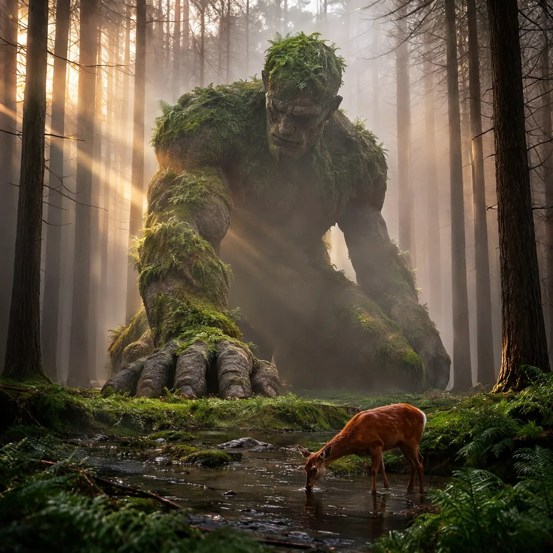 A moss-covered stone giant kneels in a misty pine forest at dawn while a red deer drinks from a stream