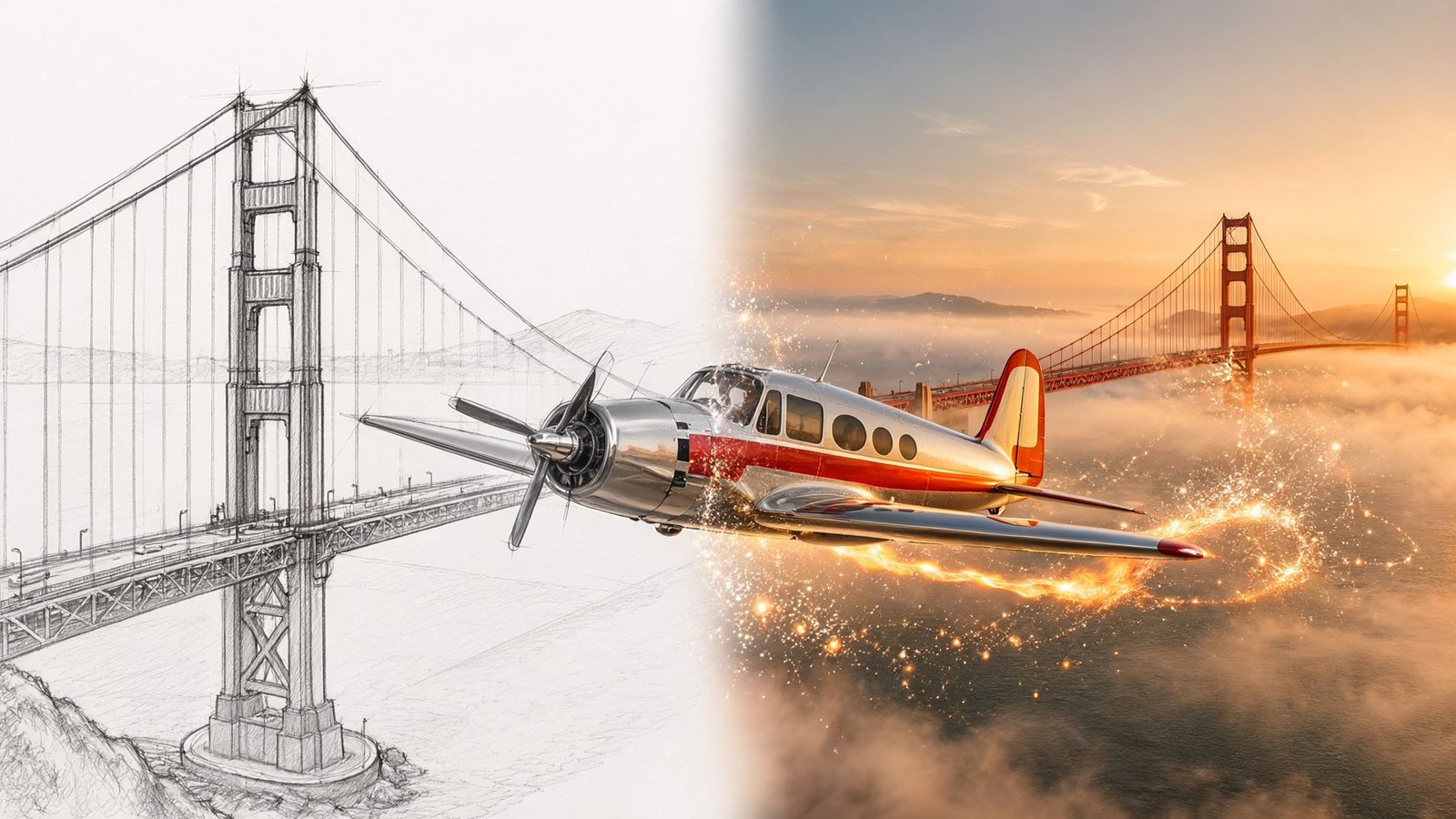 A vintage plane, half pencil sketch and half photograph, trails fire, water and golden sparks past the Golden Gate Bridge at sunset