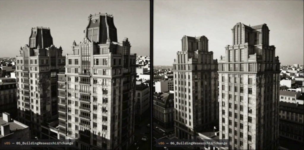 Several variations of twin towers in the same art nouveau and iron-and-glass style