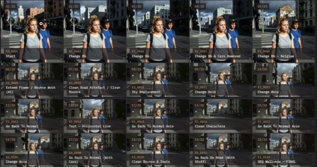 A mosaic of variations of one test shot: different backgrounds, a replaced building, another sky, a shifted camera axis and a clean plate