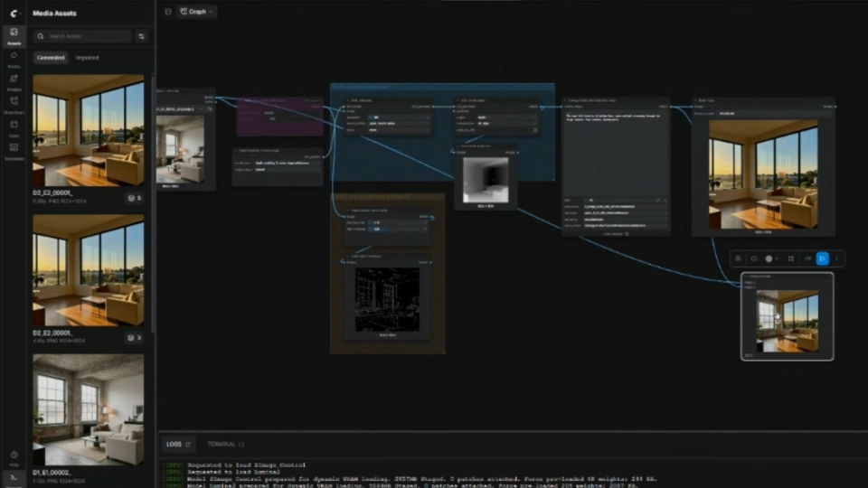 An image control workflow open in ComfyUI, with the media library and the run log in view
